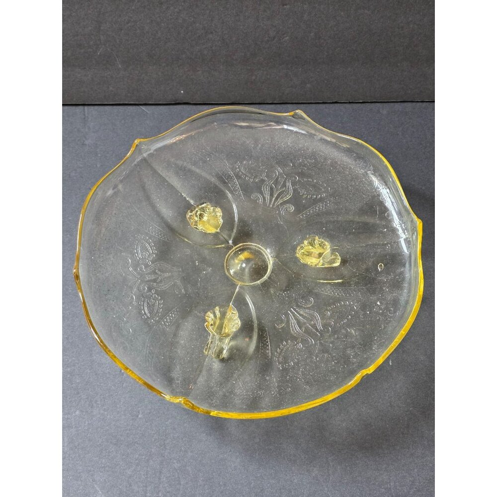 Vintage Lancaster Yellow Depression Glass Serving Cake Plate  Floral Etching